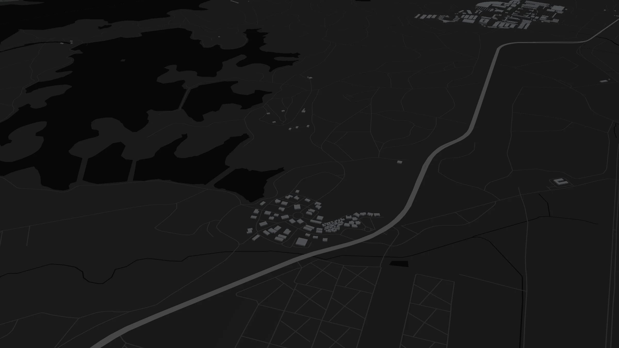 Simulated operation on a dark 3D map of a training area: a drone swarm surveils a reservoir sector, one drone strikes a building, and an interceptor engages an inbound hostile track